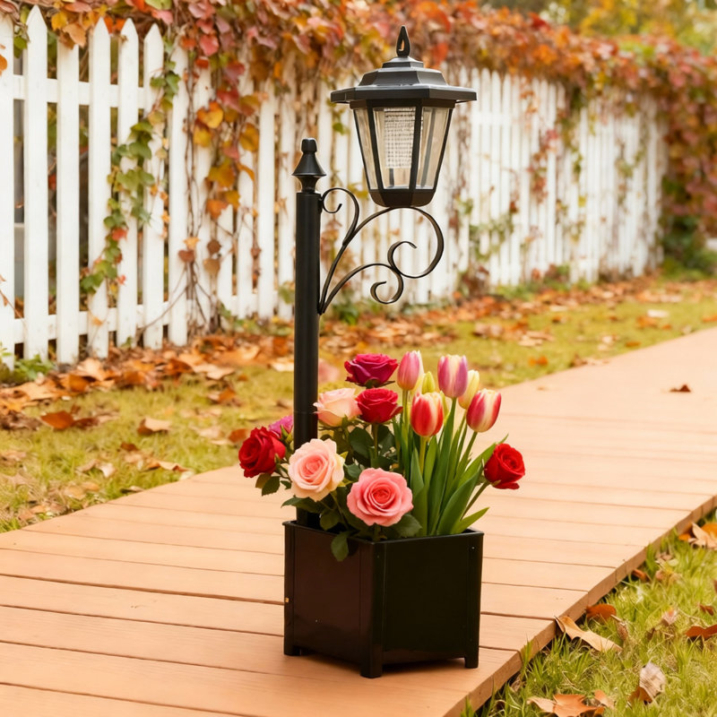 29-inch Black Solar-powered Led Garden Light Post With Planter, Automatic Dusk To Dawn Sensor For Yard, Patio, And Pathway