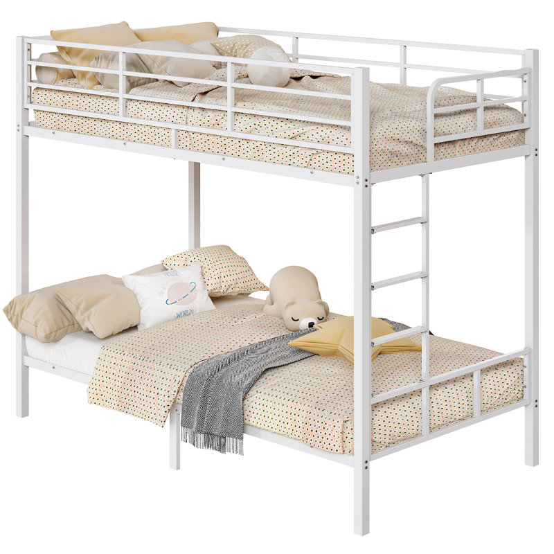 White Twin Over Twin Steel Bunk Beds Frame,14.8" Height Guardrail For Kids Adult Children, White
