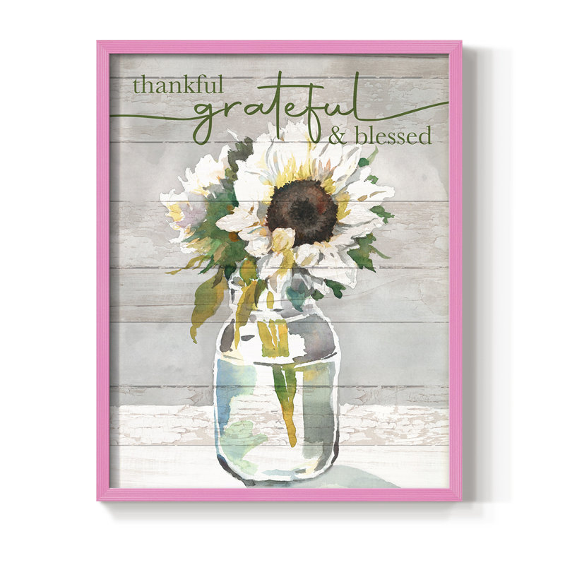 «Thankful, Grateful, Blessed», reproduction encadrée - bois massif, H 15 po x l 12 po, Rose