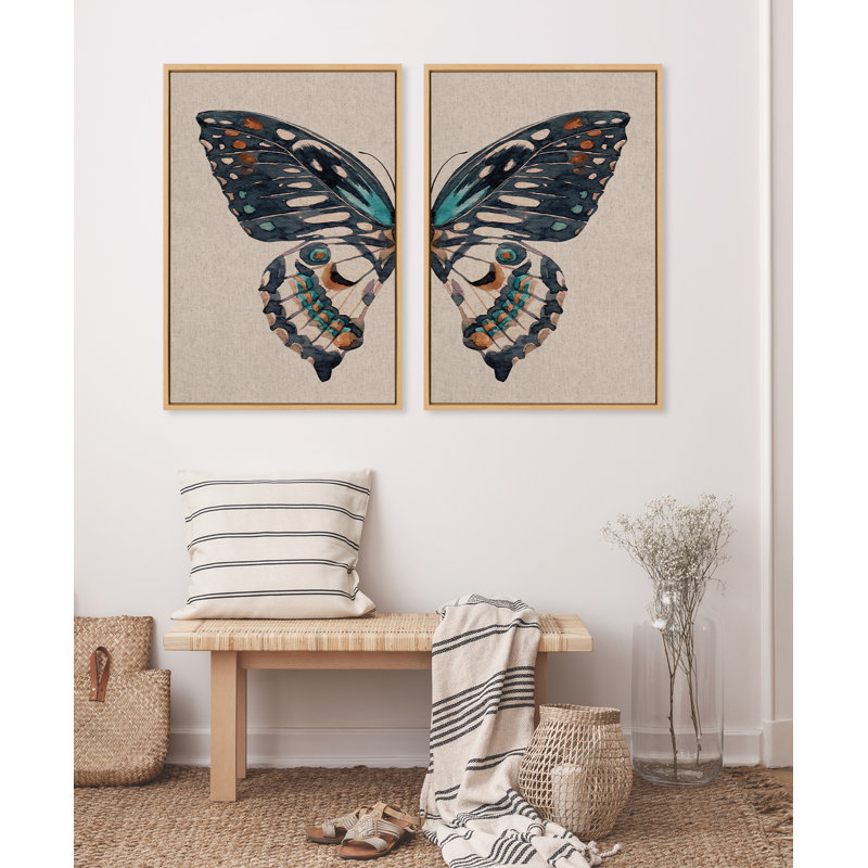 «Boho Butterfly Watercolor Diptych Neutral Lin» par The Creative Bunch Studio, ensemble d'art mural sur toile encadrée