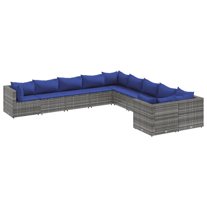 Ensemble de 10 coussins de patio en rotin et coussins, Bleu, Gris