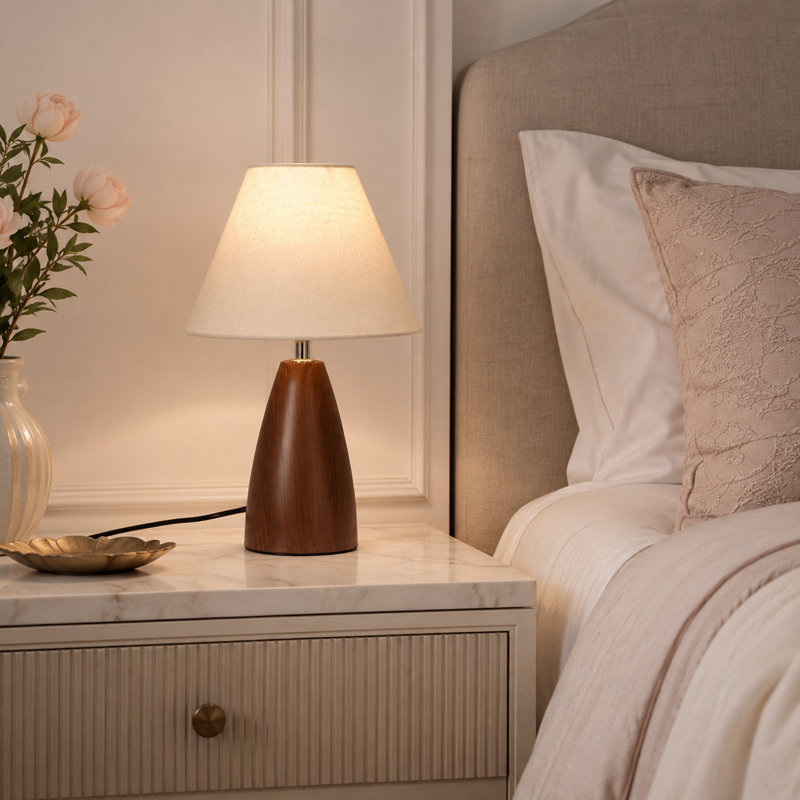 Lampe de table en noyer, lampe de chevet H 13,2 po avec abat-jour en tissu, interrupteur en ligne à 3 voies et ampoule E26 chaude incluse