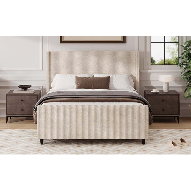 50.7'' High Headboard Corduroy Upholstered Bed Frame With Vertical Stripe Wingback And High Footboard No Box Spring Needed