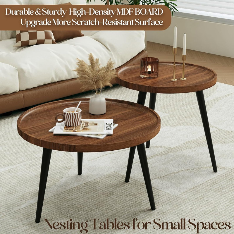 Ensemble de tables basses gigognes, tables de centre rondes modernes pour le salon, noyer
