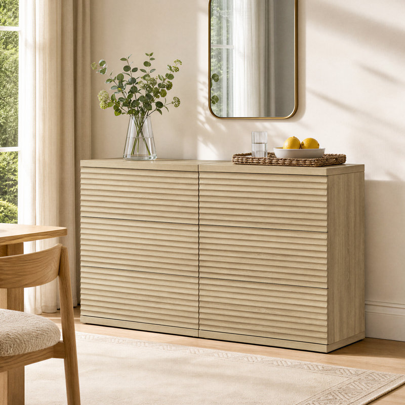 Modern Fluted 3-Drawer Cabinet With Pop - Up Design, Coastal Oak