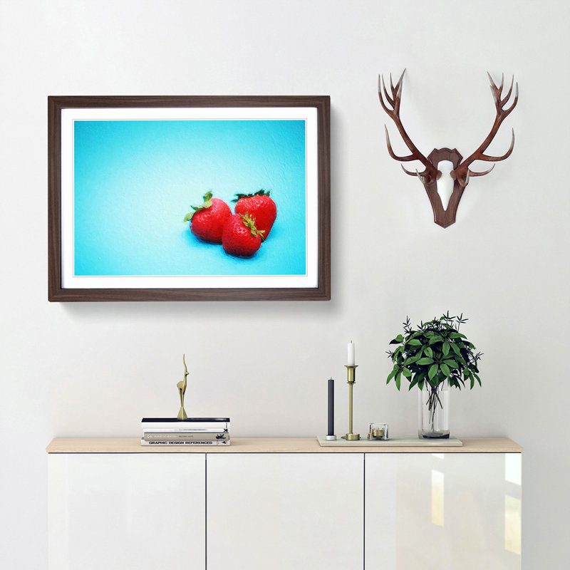 Three Strawberries - Picture Frame Painting Print, 48cm H x 65cm W x 2cm D, Walnut Framed
