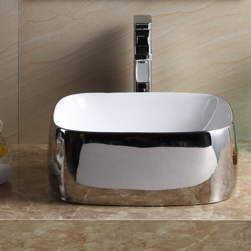Modern Vitreous China Square Vessel Bathroom Sink, Chrome