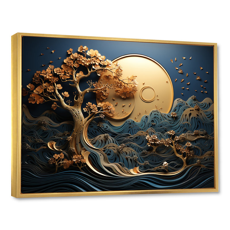 Décoration murale or et bleu Coastal Ambiance III - Arbre, Cadre flottant doré, H 30 po x l 40 po x P 1,5 po