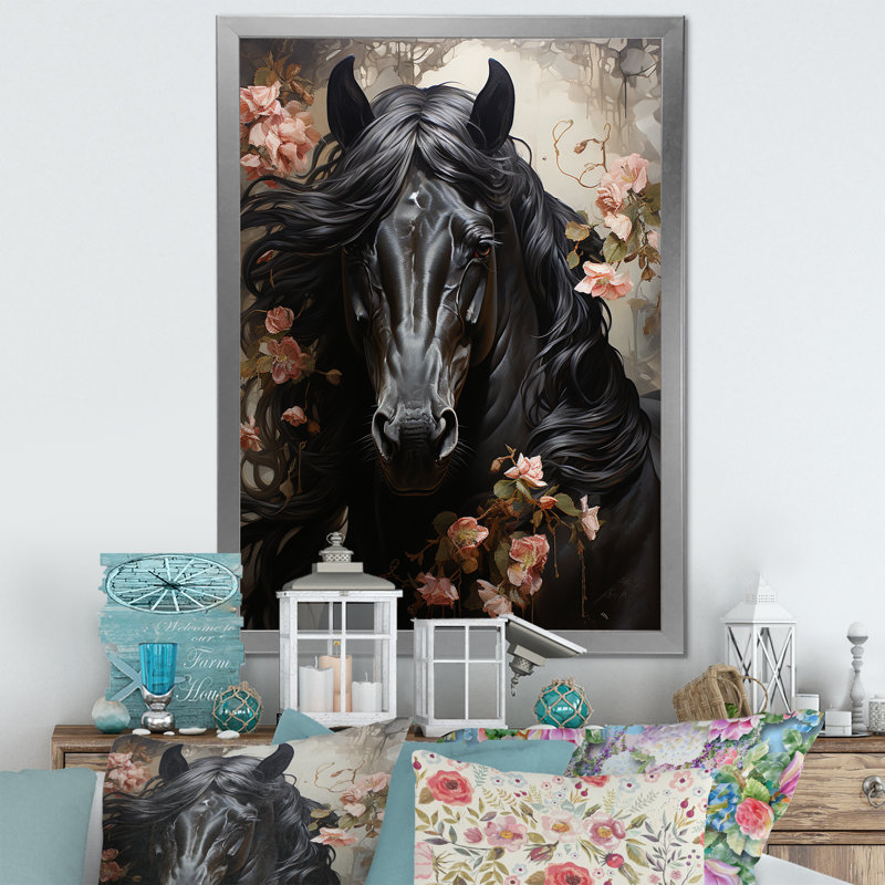 «Black Flower Stallion», reproduction sur toile encadrée, Cadre photo argenté, H 20 po x l 12 po x P 1 po