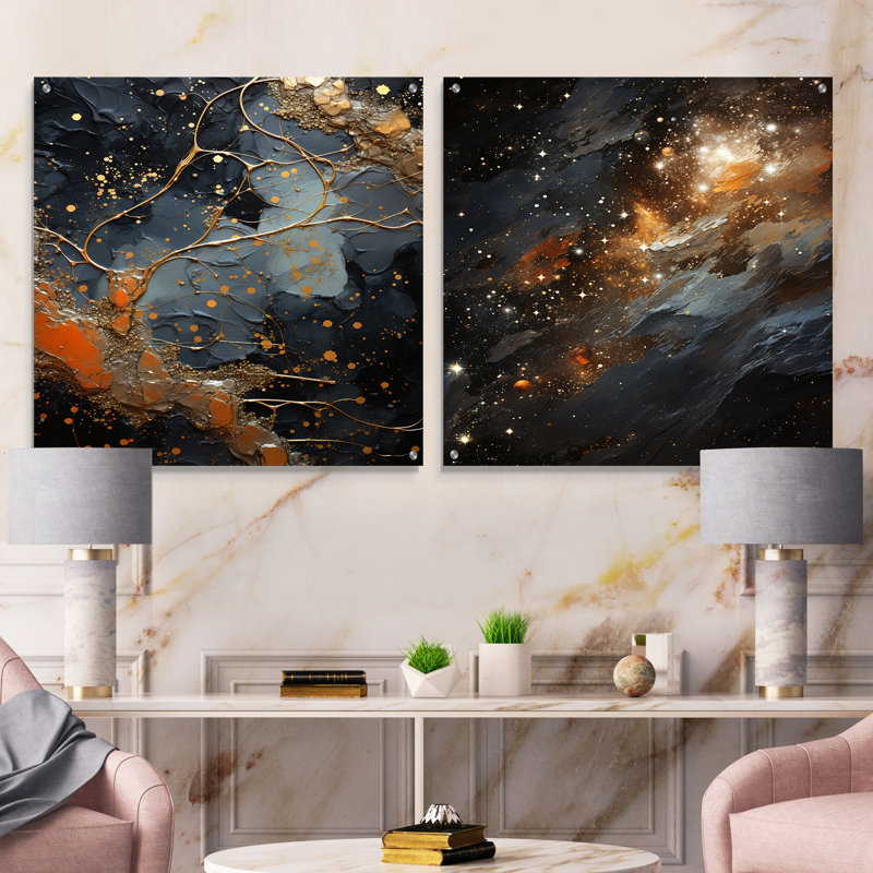 Abstrait or et noir Constellation I - ensemble de 2 peintures murales abstraites en acrylique, H 36 po x l 73 po