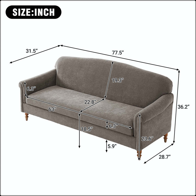 Causeuse à accoudoirs roulés 77,5 po avec tissu chenille et pieds en bois d'hévéa, Chenille brun