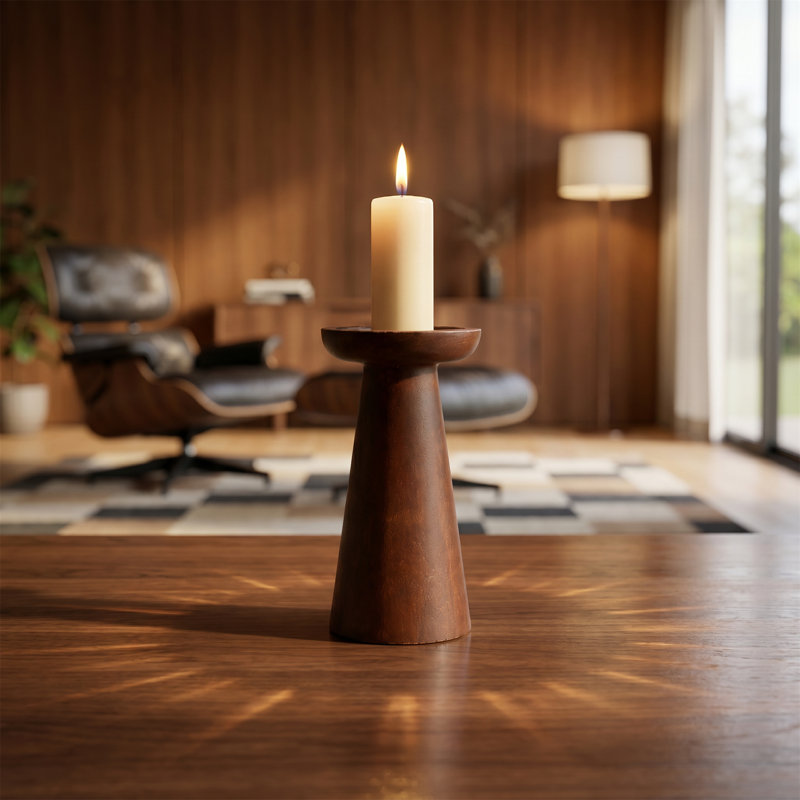 Porte-bougie de 8 pouces, chandelier en bois massif, base conique à tige conique, table décorative, style minimaliste rustique, finition brune