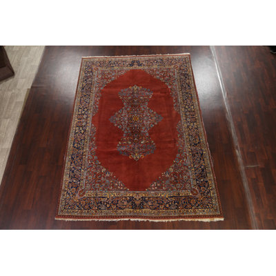 Tapis corail / bleu en laine noué à la main de conception unique des années 1950 7 pi 6 po x 10 pi 7 po Joviah