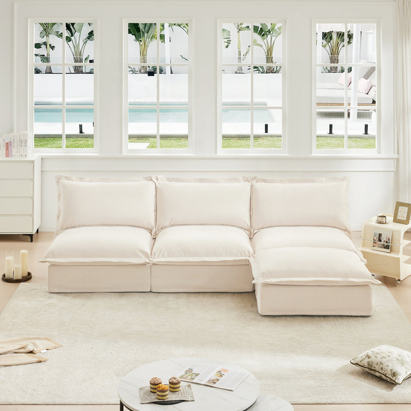 Canapé modulaire polyvalent en chenille avec repose-pieds réversible pour un confort ultime, Chenille crème