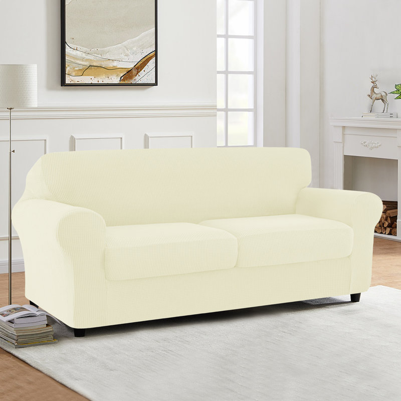 Housse de canapé en jacquard extensible 3 pièces, housse pour canapé pour 2 coussins, protecteur de meubles lavable à la machine (causeuse, ivoire)