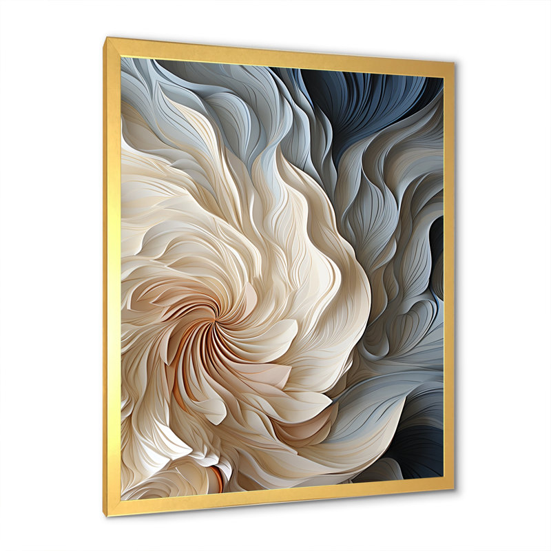 Plume blanche et bleue en spirale II - art abstrait géométrique sur toile, H 44 po x l 34 po, Cadre photo unique, Doré