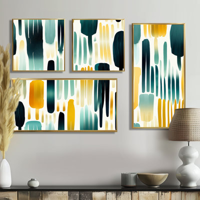 «Green Adn», peinture jaune à rayures - décoration murale moderne rose, 4 pièces