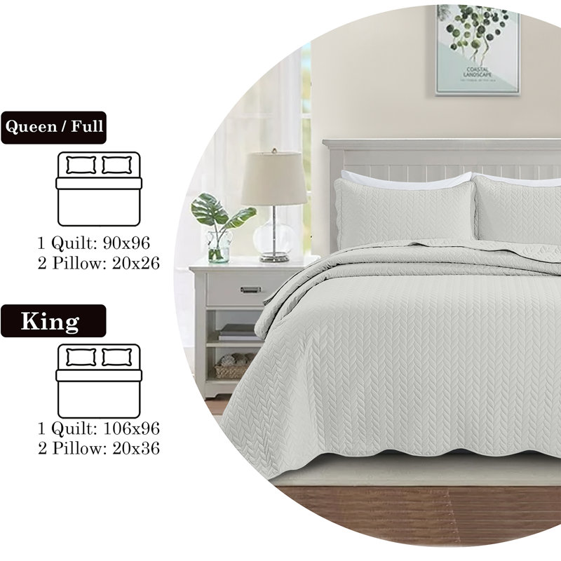 Ensemble de couvre-lit en microfibre gaufrée Oxford Leaf avec taies d'oreiller – Couette réversible légère, King, Blanc