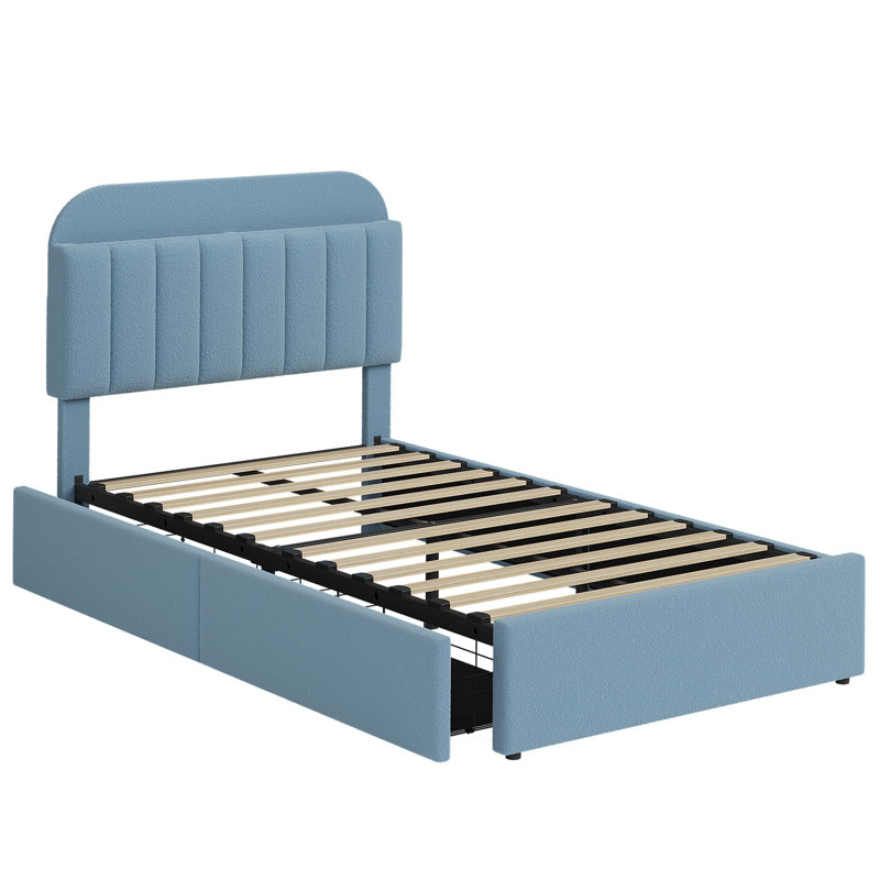 Bed Frame With Storage Headboard, Bed Frame With 2 Drawers, Blue, Twin