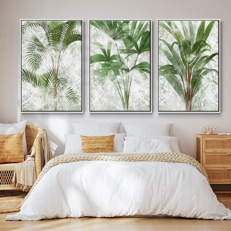 Lace Palms I, ensemble de 3 toiles encadrées sur toile, H 36 po x l 72 po, Cadre blanc