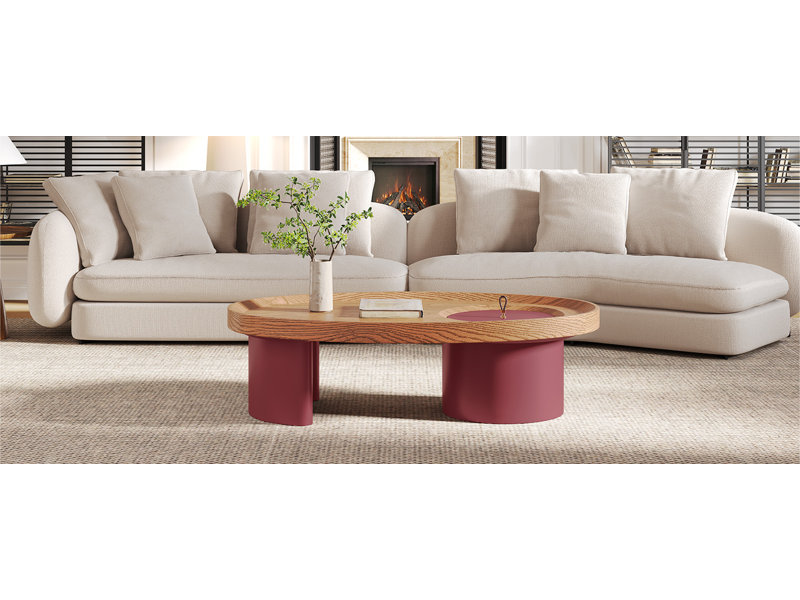 Table basse ovale en bois avec rangement de 45 po, table de salon de style Mid-Century moderne en noyer avec pieds décoratifs rouges, meubles décoratifs de style maison de campagne