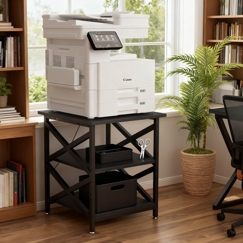 Support pour imprimante robuste et réglable avec prises de courant intégrées et ports USB, roulettes verrouillables industrielles et tablette de rangement amovible pour le bureau personnel