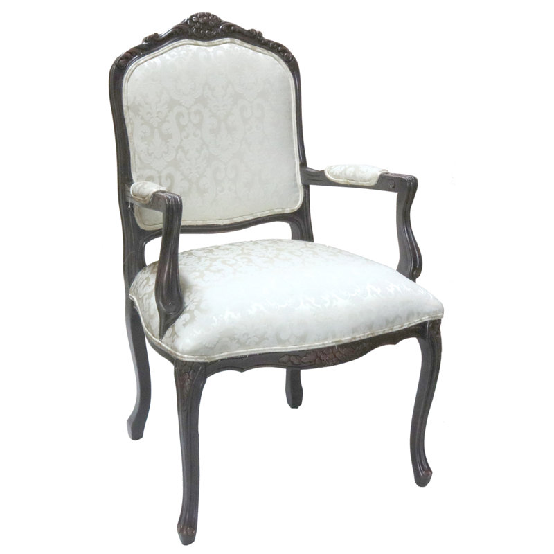 Chaise avec accoudoirs Louis XV, Argent / polyester damassé blanc, Noir