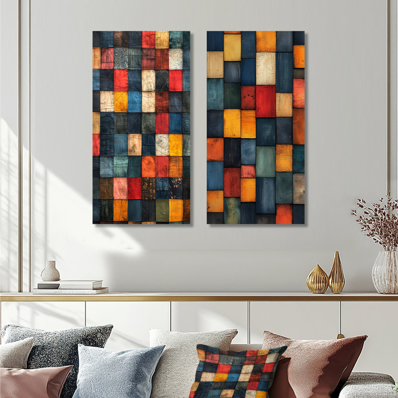 Ensemble de 2 pièces d'art mural Red Country Patchwork I - Boho Tiles, Toile tendue, H 28 po x l 24 po