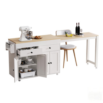 Extendable Kitchen Island With Dining Table, Spice Rack, Drawers, And Cabinet For Versatile And Stylish Home Use