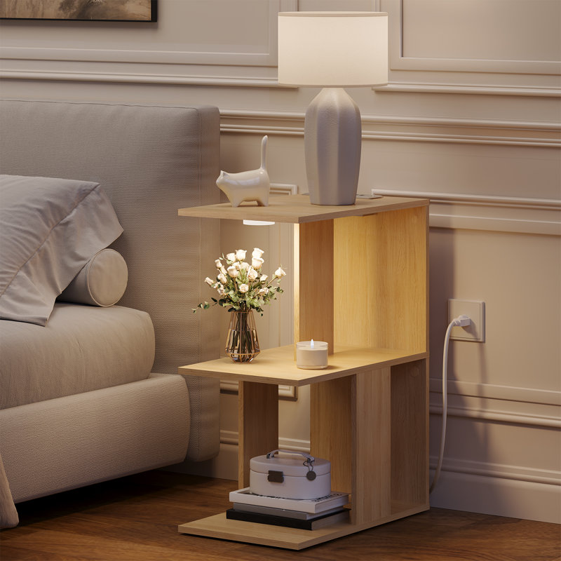 Nikaila 24.4" Tall Narrow End Table with Charging Station and Light, Brown