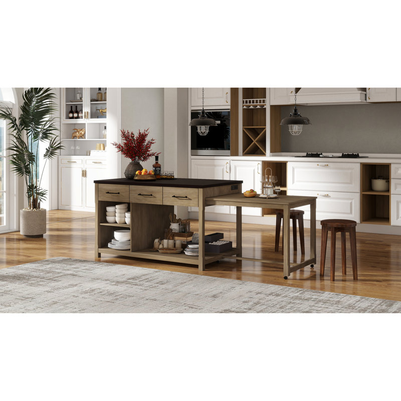 Îlot de cuisine rétro avec alimentation intégrée, espace de travail extensible et étagère de rangement + comptoir naturel, look rétro