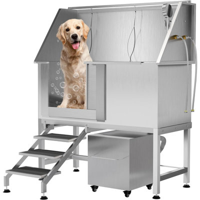 50 Inch Dog Washing Station, Stainless Steel Dog Bathtub with Stairs, Storage Cabinet, Pet Dog Bathing Station with Floor Grate, Professional Dog Groo