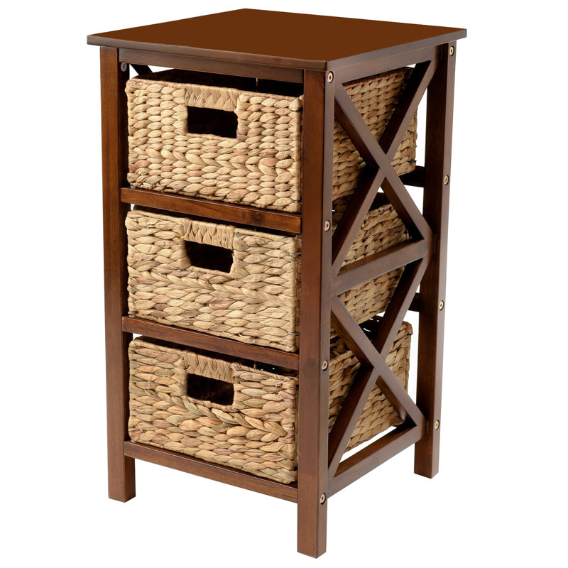 Altenpohl 25" Tall 3 - Drawer X-Side Wood End Table with Wicker Baskets for Bedside, Living Room, Walnut, Walnut
