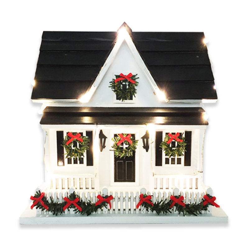 Holiday White and Black LED Light Birdhouse with Wreaths