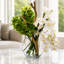 Moon Glass Vase with Green Cymbidiums, White Orchids, Driftwood and Callas