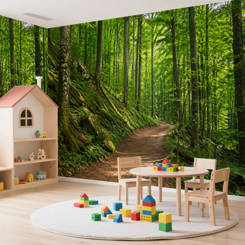Papier peint adhésif pelez et collez, chemin de la forêt verte, grands arbres, feuillage ensoleillé, art mural auto-adhésif et amovible