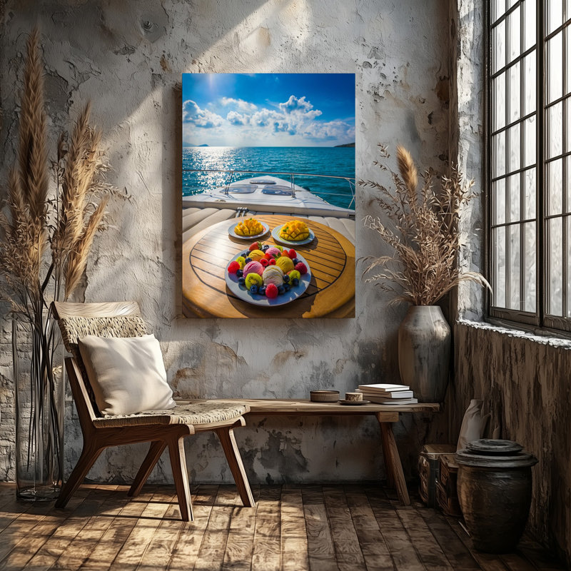 Reproduction d'art sur toile, un luxueux voilier sur un océan bleu vif sous un ciel clair avec des nuages blancs moelleux illuminés par le