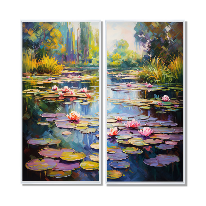 «Blue and Green Monets Lake Reflections» 4 - impressions sur toile roses, 2 pièces, H 40 po x l 40 po, Blanc