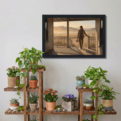 Femme sur porche tenant un chapeau surplombant des collines, art mural sur toile