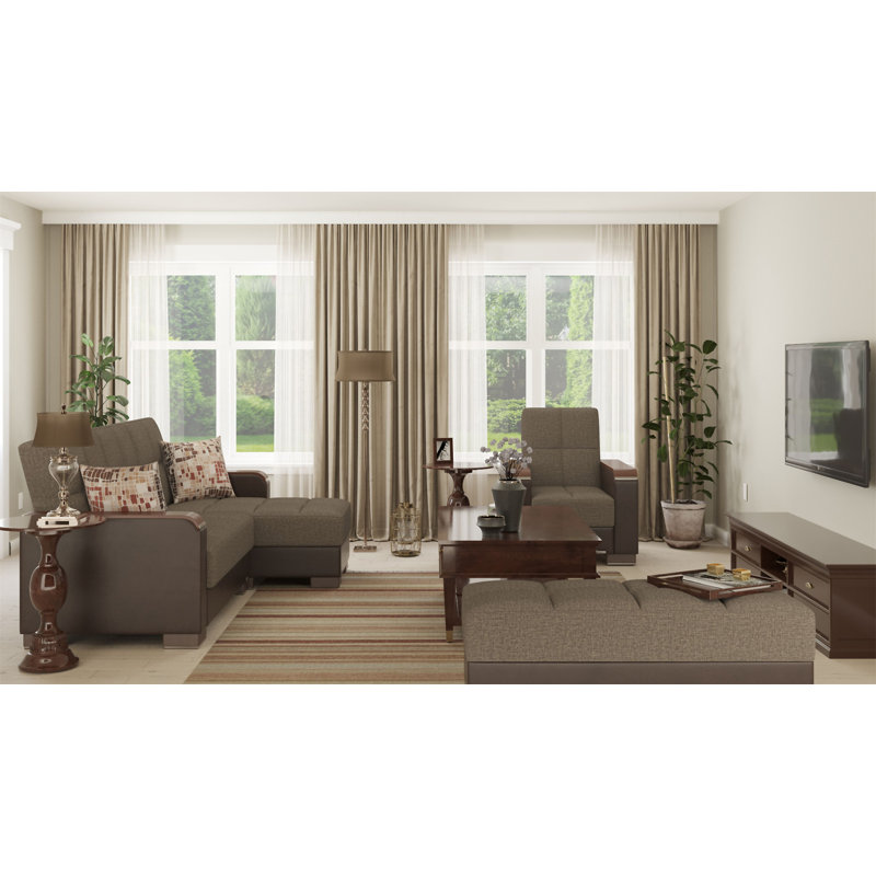 Repose-pieds rembourré en bois avec rangement Primenest Collection Zenaero, Chenille brun