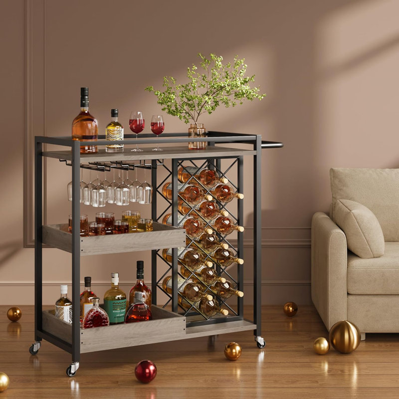 Chariot-bar en métal à 3 niveaux, Bois beige
