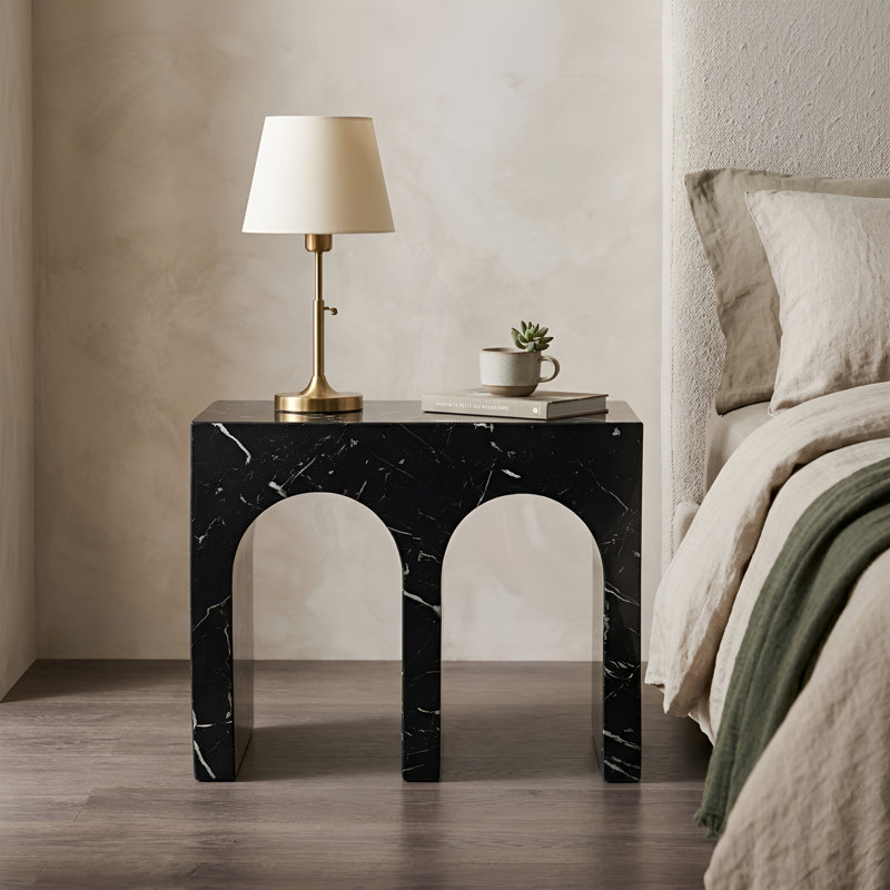 Table d'appoint moderne avec design en faux marbre, table de bout en forme de M pour le salon / couloir, Noir