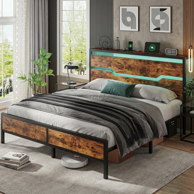 Metal&wood Bed Frame with Built-in USB Charging, LED Light Headboard, Noise-Free Design, 13" Underbed Storage – Tool-Free Assembly, No Box Spring Needed