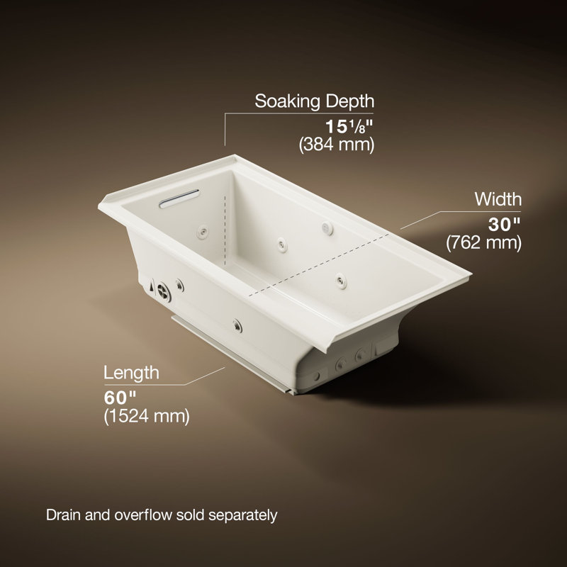 Underscore Rectangle 60-In X 30-In Heated Bubblemassage Air Bath With Whirlpool, Alcove, Right Drain, Biscuit, Left