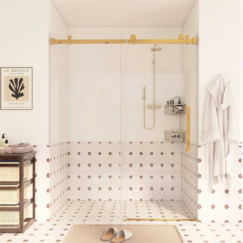 Frameless Single Sliding Shower Door With Tempered Glass, Brushed Gold