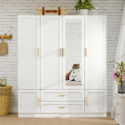 Modern White Armoire Wardrobe with Full-Length Mirror and Gold Handles - Bedroom Closet Organizer with 8 Shelves & Woven Door