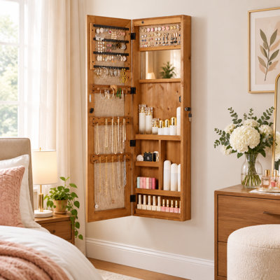 14.3" Wide Solid Wood Jewelry Armoire with Mirror and LED Light