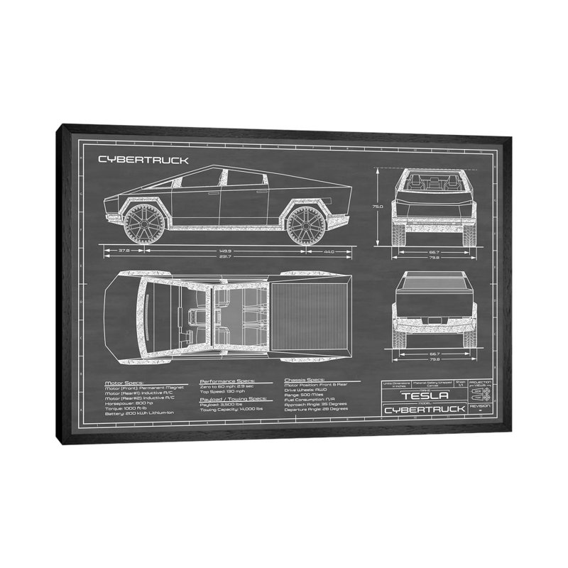 Tesla Cybertruck (2020-2022) by Action Blueprints - Print on Canvas, Black Framed Canvas, 101.6 cm H x 66.04 cm W