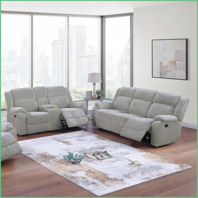 Canapé inclinable 2 pièces avec mouvement Ensemble de causeuse avec console - Velours côtelé imitation fourrure de frêne, mobilier de salon contemporain | Gris cendré | Velours côtelé | Accoudoirs coussinés