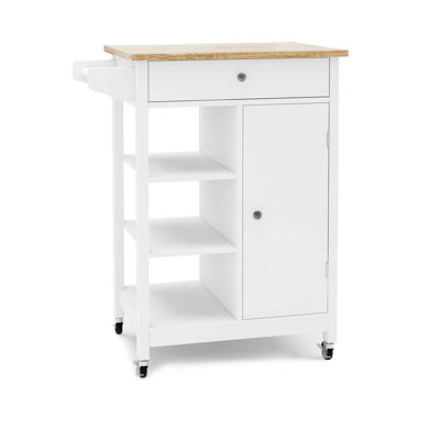 Kitchen Island Trolley With Solid Rubber Wood Tabletop Rolling Door And Removable